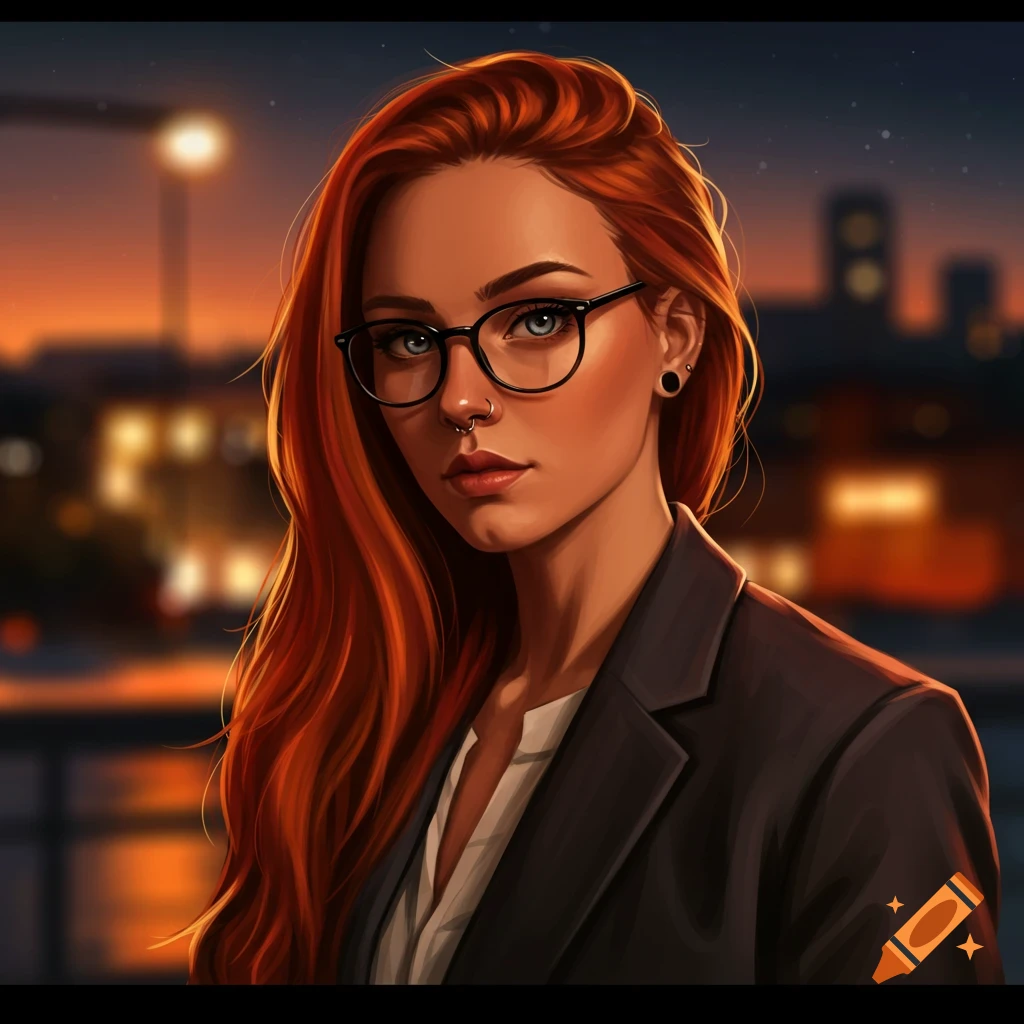 Digital art portrait of a woman with long red hair, black glasses, and a nose piercing, wearing a suit jacket, against a city sunset.