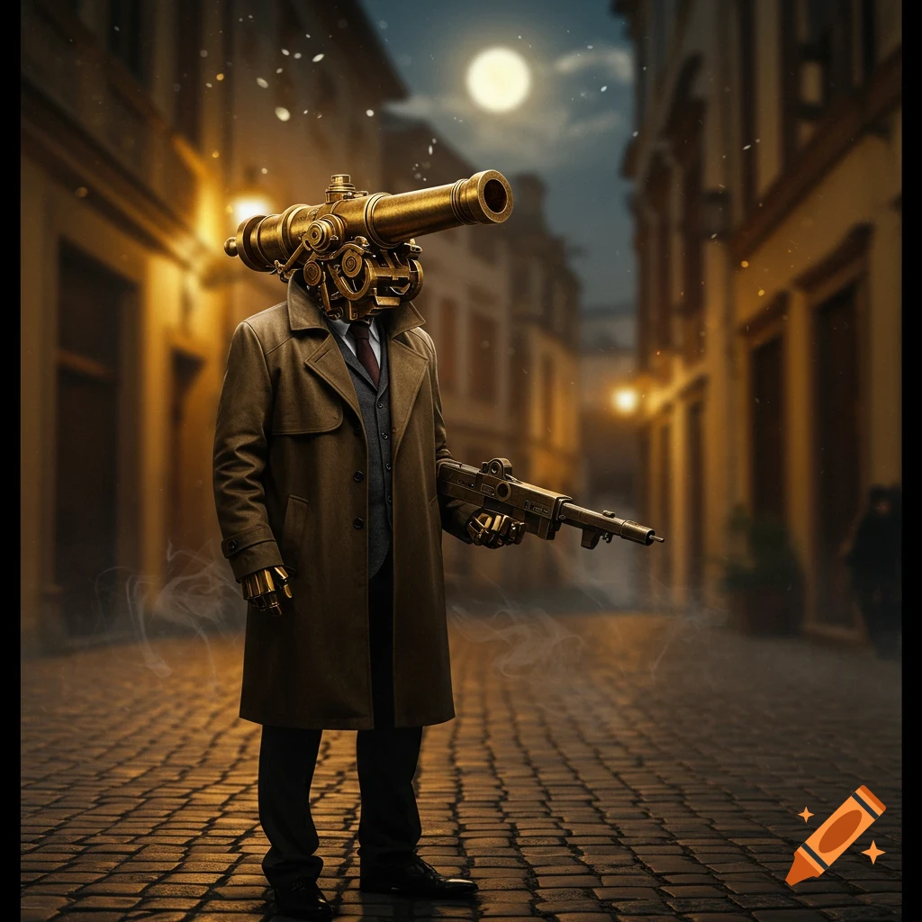 A steampunk robot in a trench coat with a telescope head holds a rifle on a cobblestone street at night under a full moon.