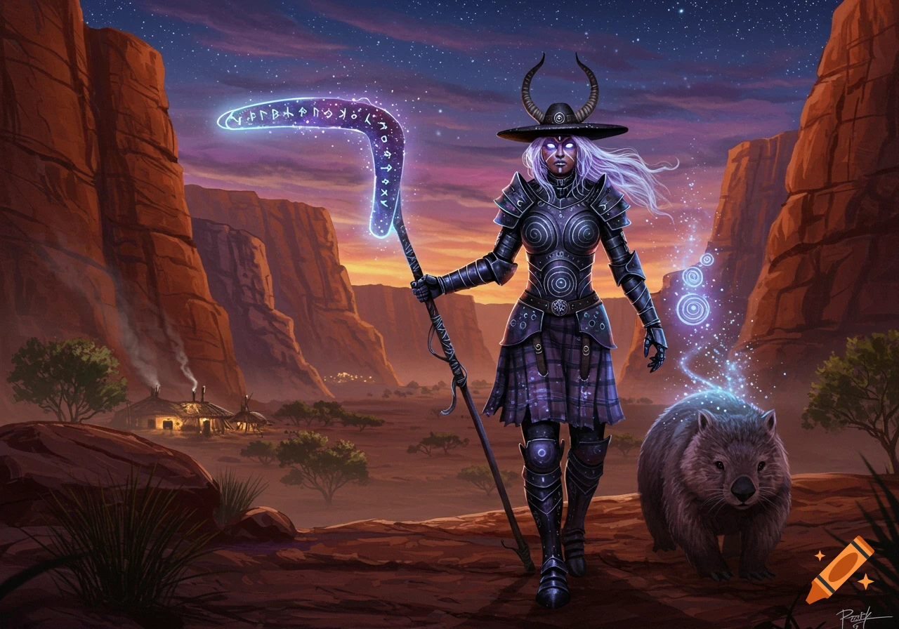 A fantasy warrior in dark armor and a horned hat stands in a desert canyon at dusk, holding a glowing boomerang. A large wombat follows her.