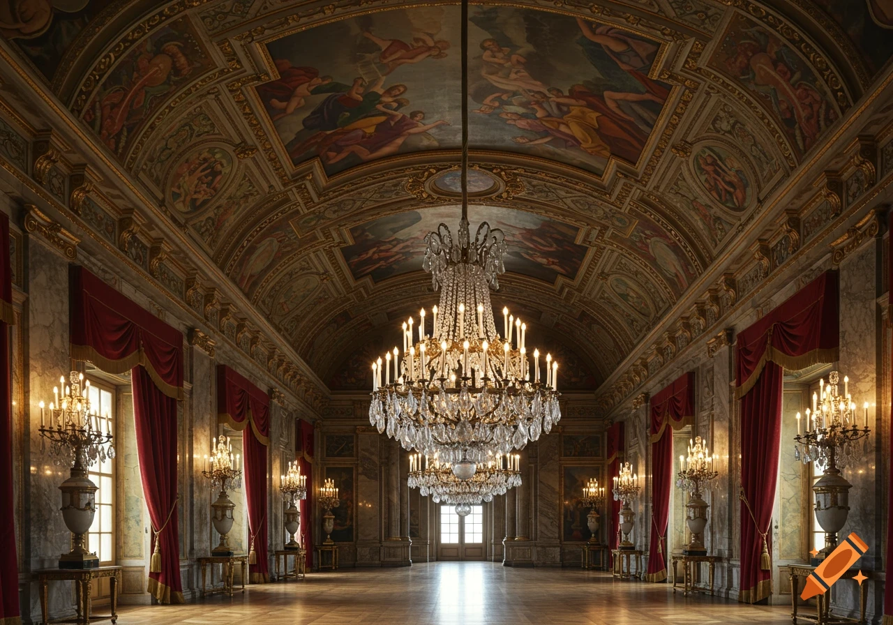 Opulent French Renaissance hall with vaulted frescoed ceiling, large crystal chandeliers, red drapes, and marble walls.