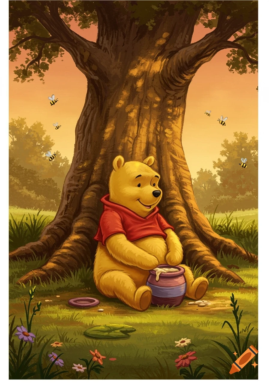 Winnie the Pooh sits under a large tree, holding a pot of honey, surrounded by flowers and bees at sunset.