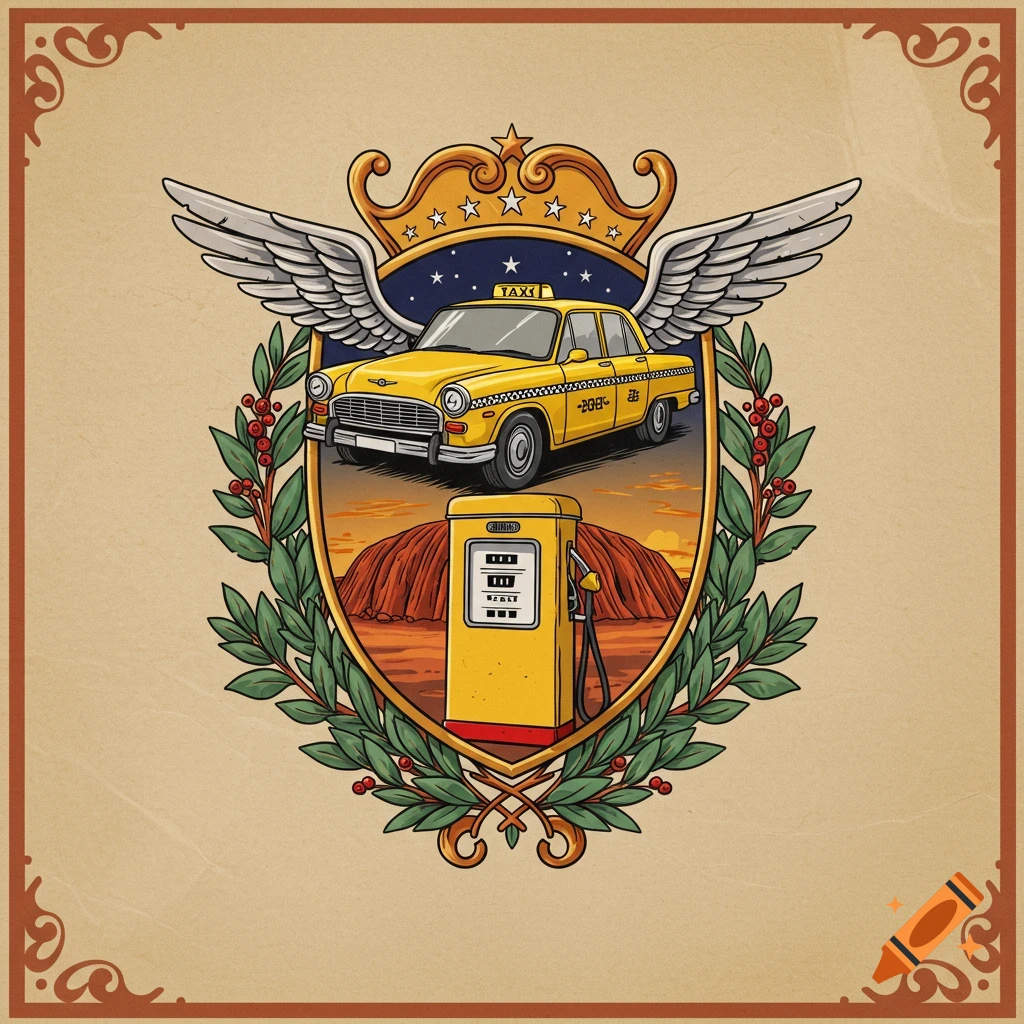 A stylized crest featuring a yellow taxi with wings above an Australian petrol station and Uluru, framed by a laurel wreath.