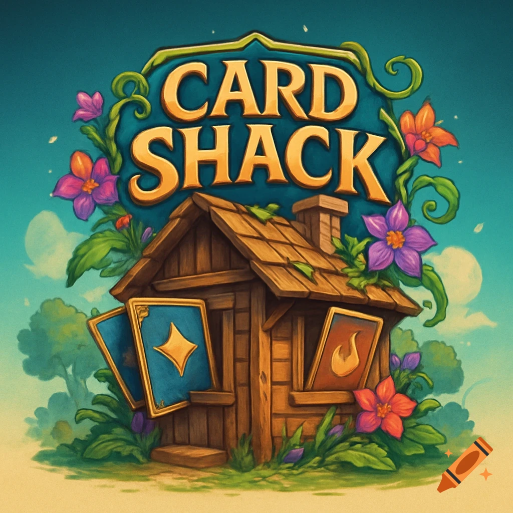 A stylized logo for 'CARD SHACK', featuring a wooden shack with playing cards, surrounded by colorful flowers and vines.