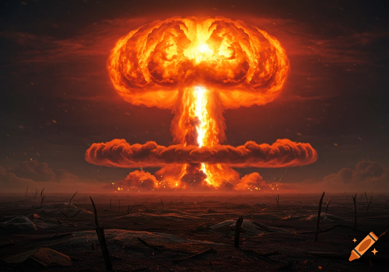 A massive, fiery nuclear mushroom cloud rises from a devastated, dark landscape under a reddish-orange sky.