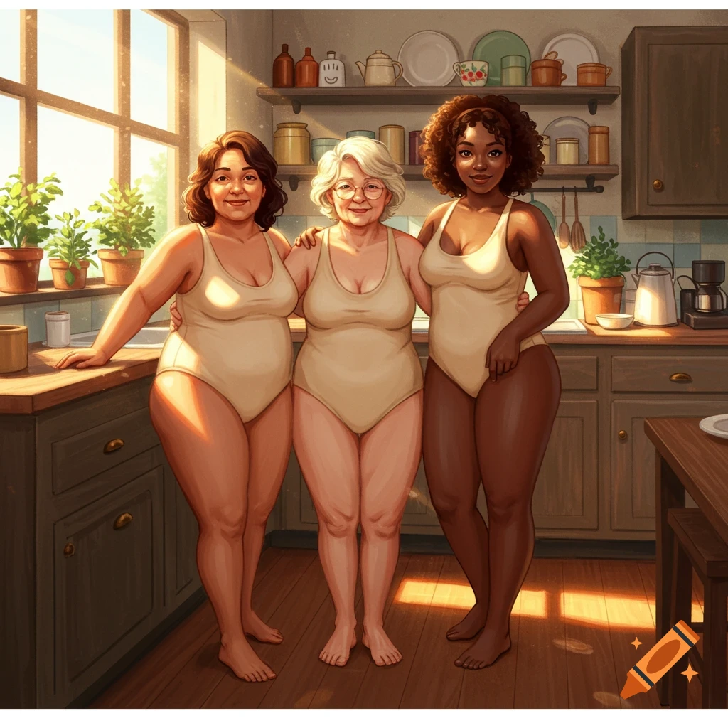 Three diverse plus-size women in beige swimsuits smiling in a sunlit kitchen, standing confidently.