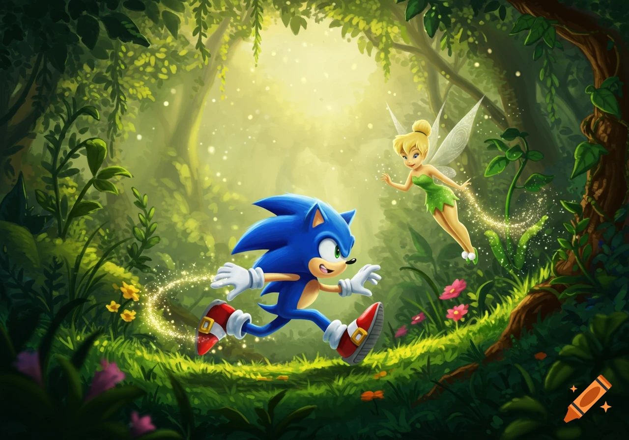 Sonic the Hedgehog runs through a vibrant, magical forest, looking back at Tinker Bell who flies behind him, leaving a sparkling trail.