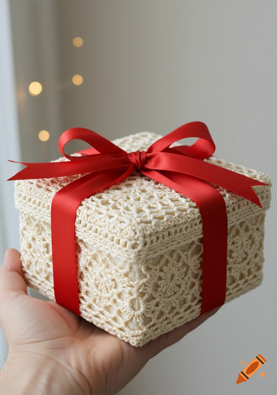 A hand holds a square, beige crocheted gift box tied with a bright red ribbon and bow, with bokeh lights in the background.