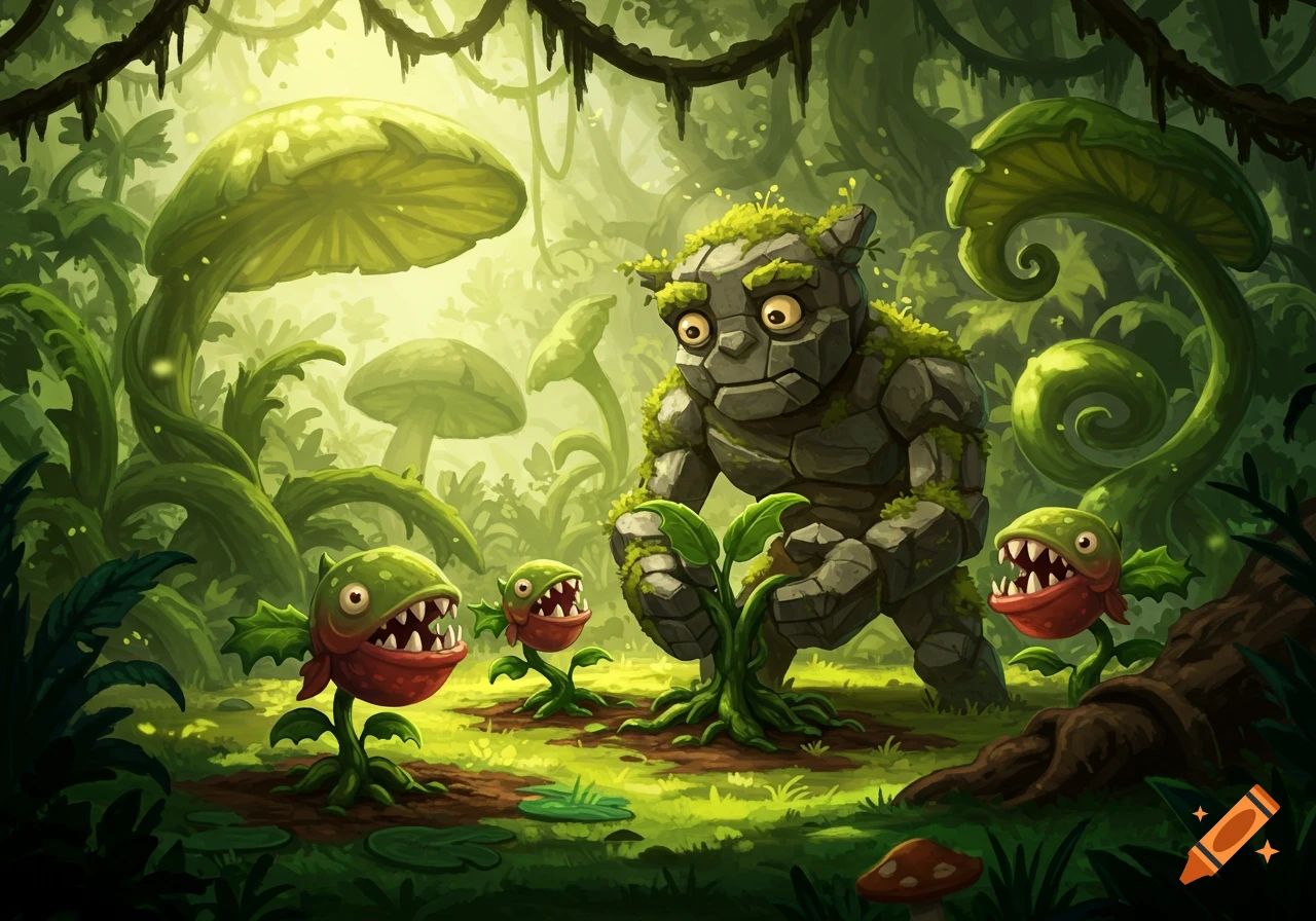 A mossy rock golem tends to three piranha plants in a vibrant, lush fantasy jungle illustration.