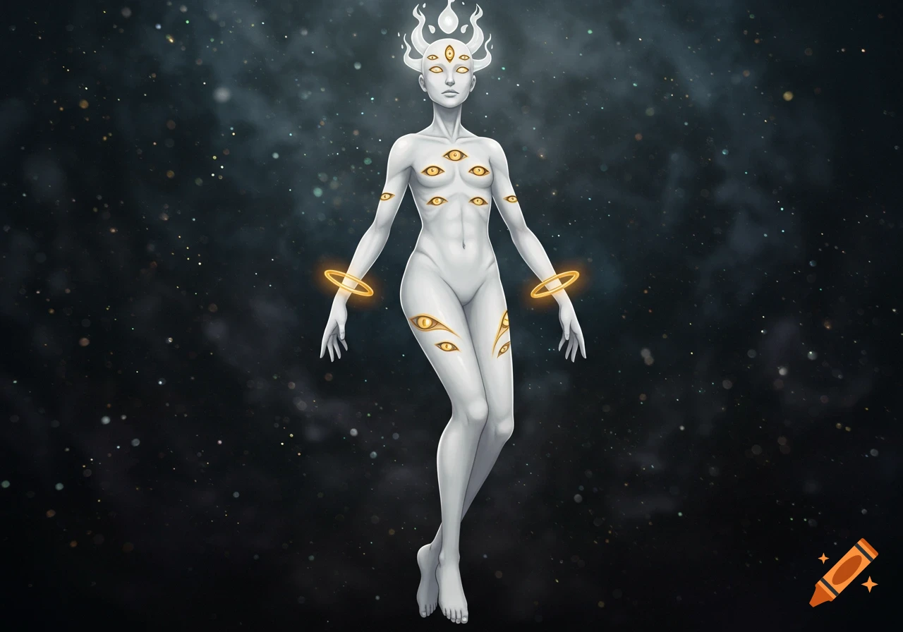 An anime-style humanoid with white skin, multiple golden eyes across its body, a white flame aura, and golden wrist and ankle rings, levitating in a starry space.