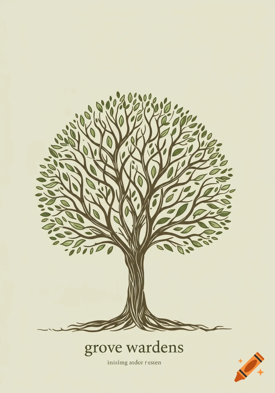 A minimalistic illustration of a tree with intricate brown branches and green leaves, centered on a light beige background with text 'grove wardens' below.
