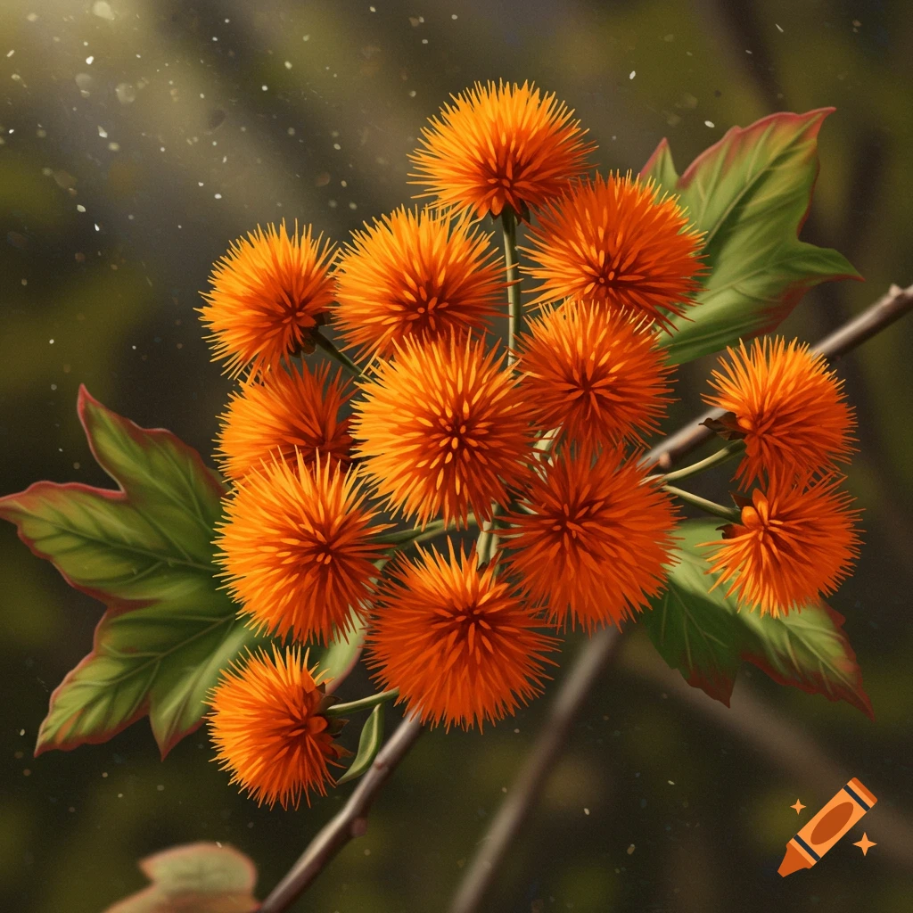 A cluster of bright orange, spiky spherical flowers, resembling burs, on a brown branch with green leaves, against a blurred dark background.
