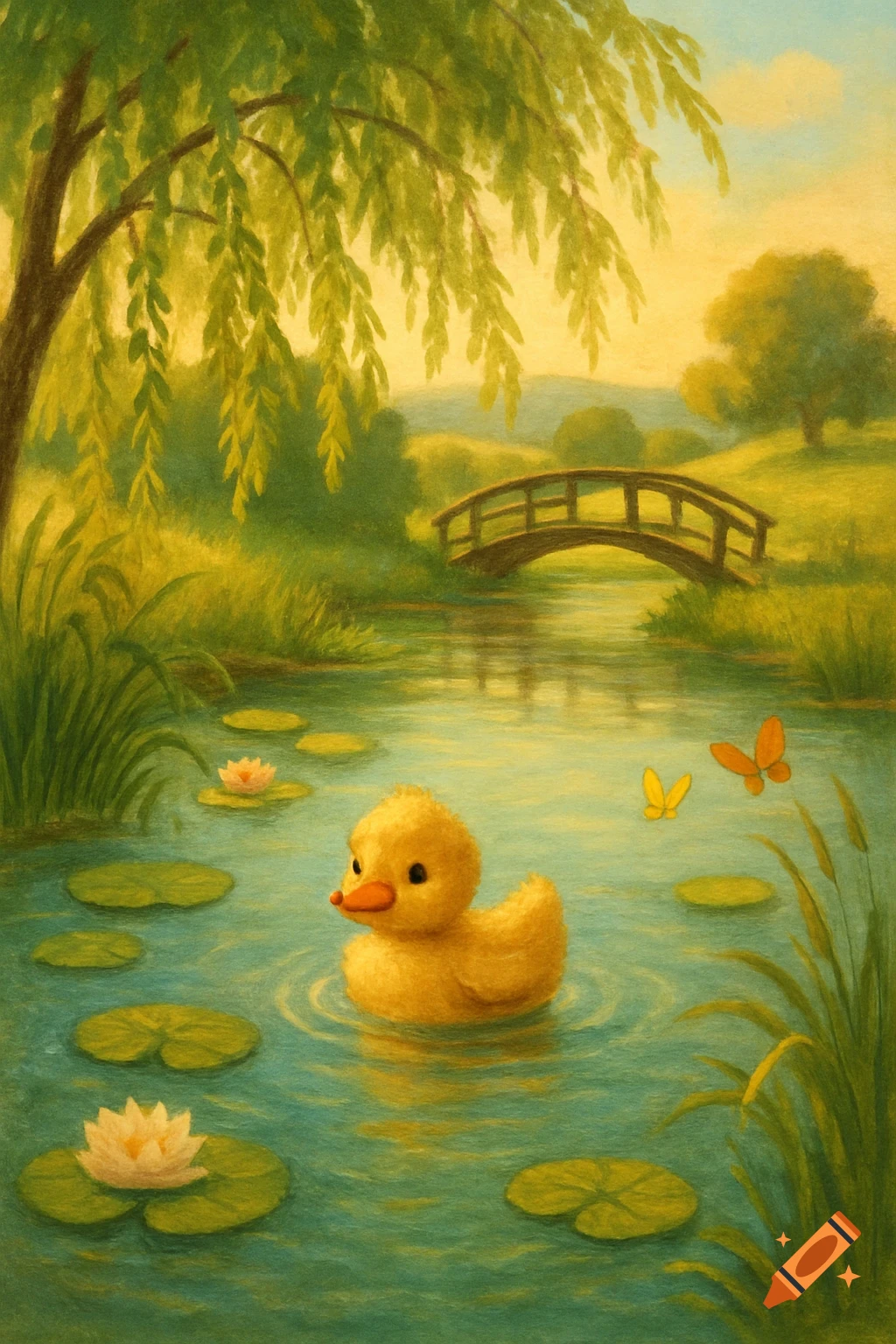 A cute yellow duck swims in a painterly pond with lily pads and butterflies. A willow tree and bridge are in the background.