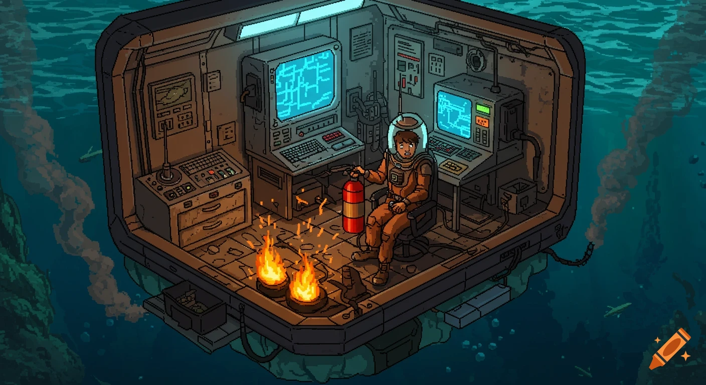 Pixel art of a panicked person in an orange diving suit holding a fire extinguisher, battling fires inside a small underwater escape pod.