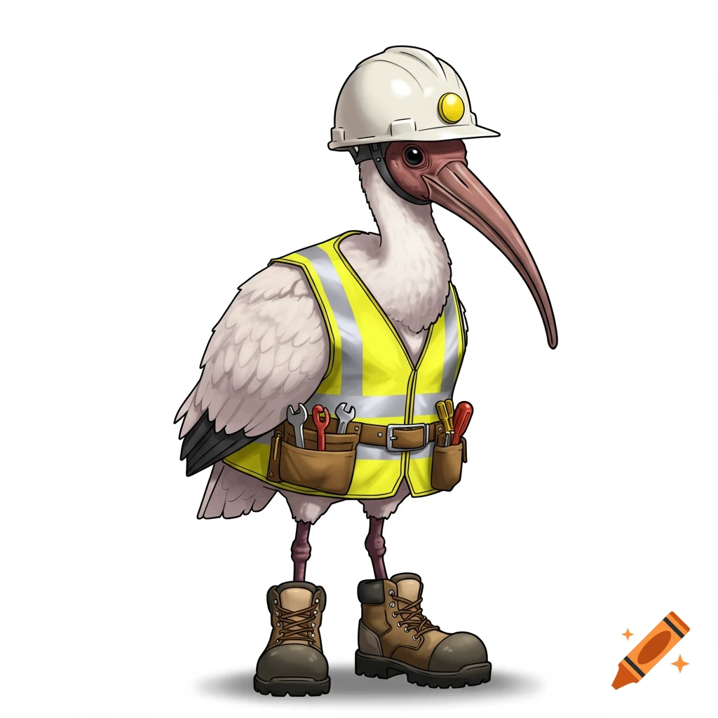A cartoon ibis construction worker wearing a white helmet, yellow safety vest, tool belt, and brown boots, standing on a white background.