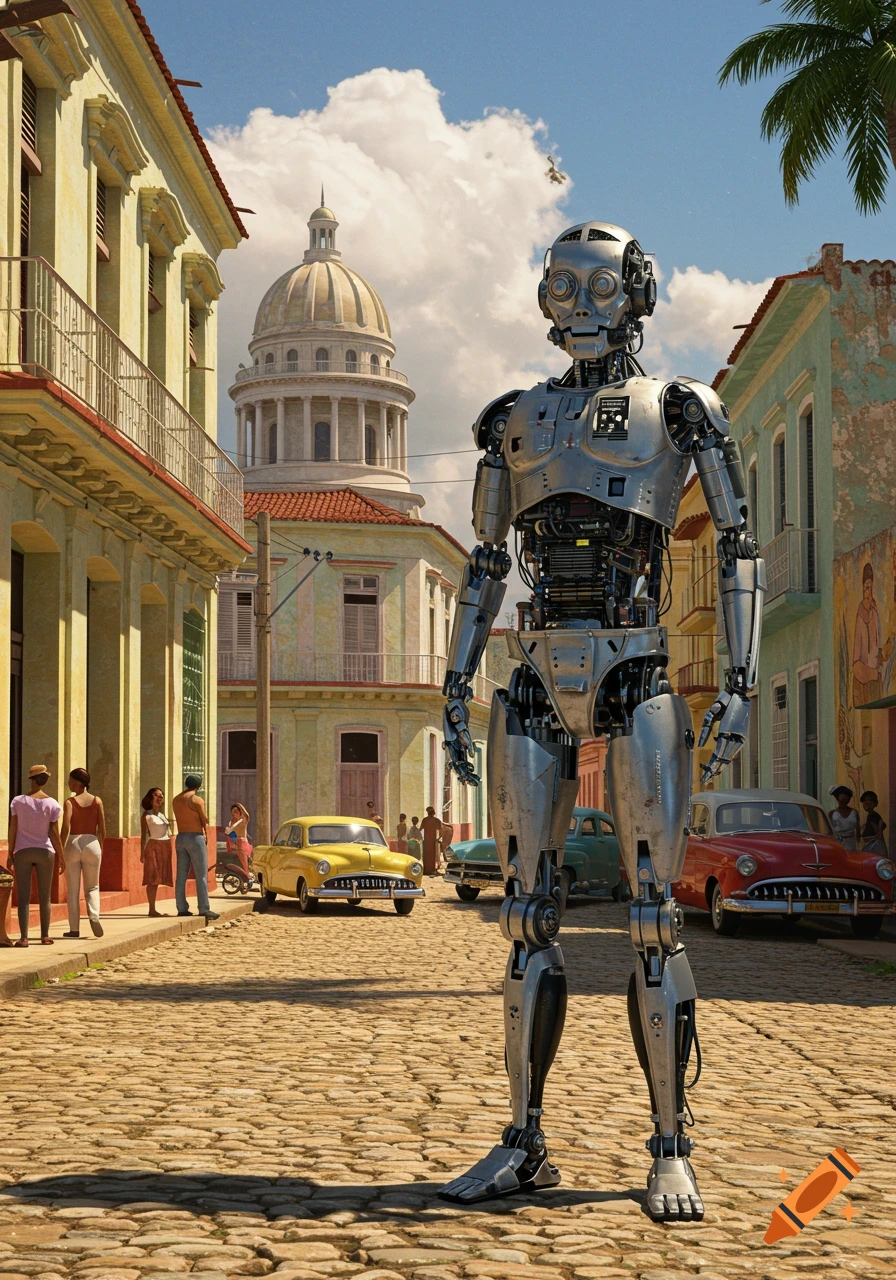 A large, silver robot stands on a cobblestone street in a Cuban city with vintage cars and people, a large dome building in the background.