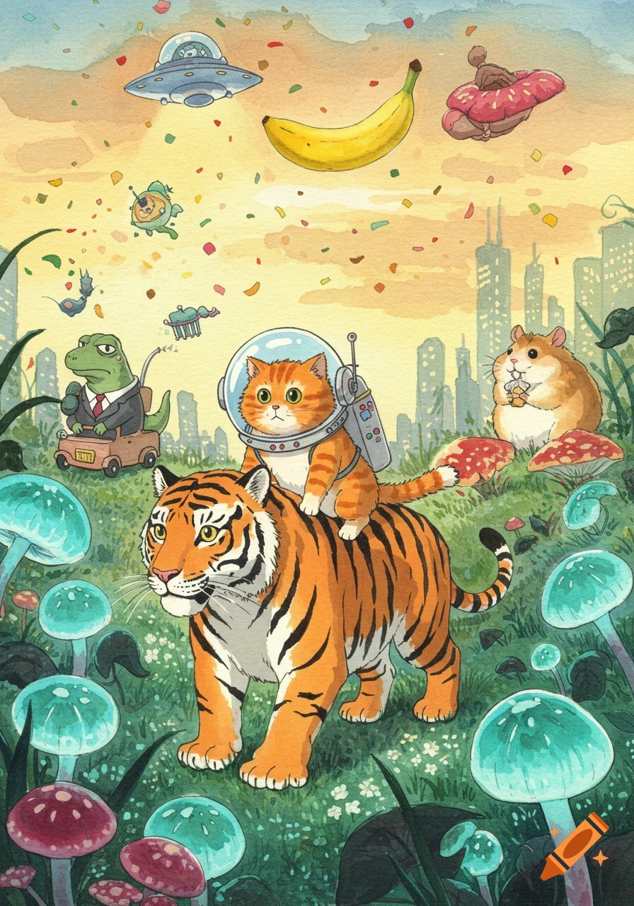 An orange tabby cat in an astronaut helmet rides a Bengal tiger through a field of glowing mushrooms. A dinosaur in a suit, a giant hamster, and a UFO with a banana appear in the background. Watercolor style.