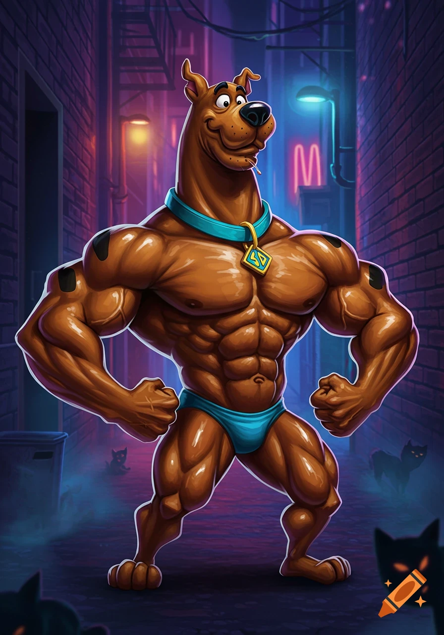 A highly muscular, anthropomorphic Scooby-Doo wearing a blue speedo poses in a dark, neon-lit alley with a glowing 'M' sign.