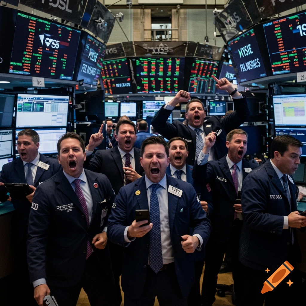 A group of male stock traders in suits shout excitedly on a busy trading floor with multiple monitors displaying market data.