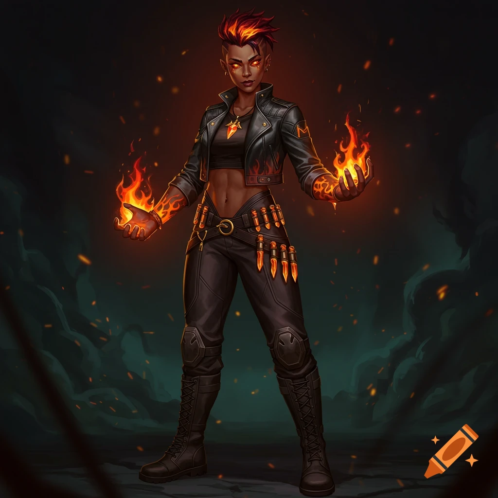 A dark-skinned woman with fiery hair and glowing eyes, wearing a black leather jacket, cropped top, and pants, conjures fire in her hands against a smoky background.
