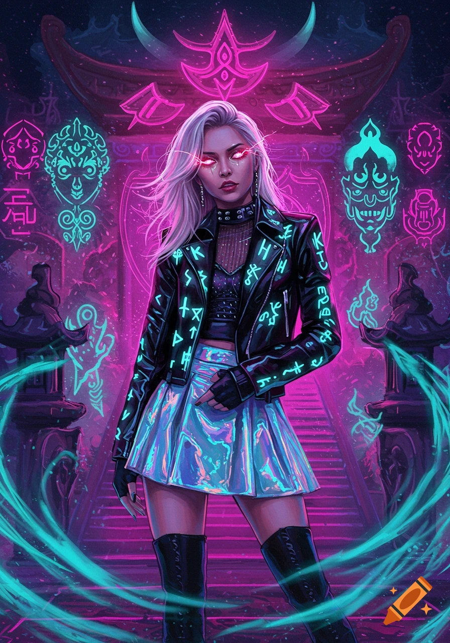 A white-haired woman in a black leather jacket and metallic skirt stands amidst glowing neon symbols in a dark, futuristic setting.