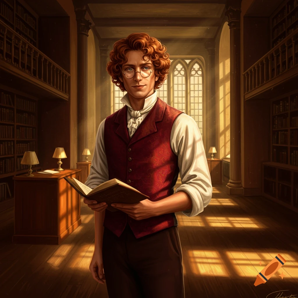 A young man with curly red hair and glasses wearing a waistcoat holds an open book in a grand library filled with sunlight.