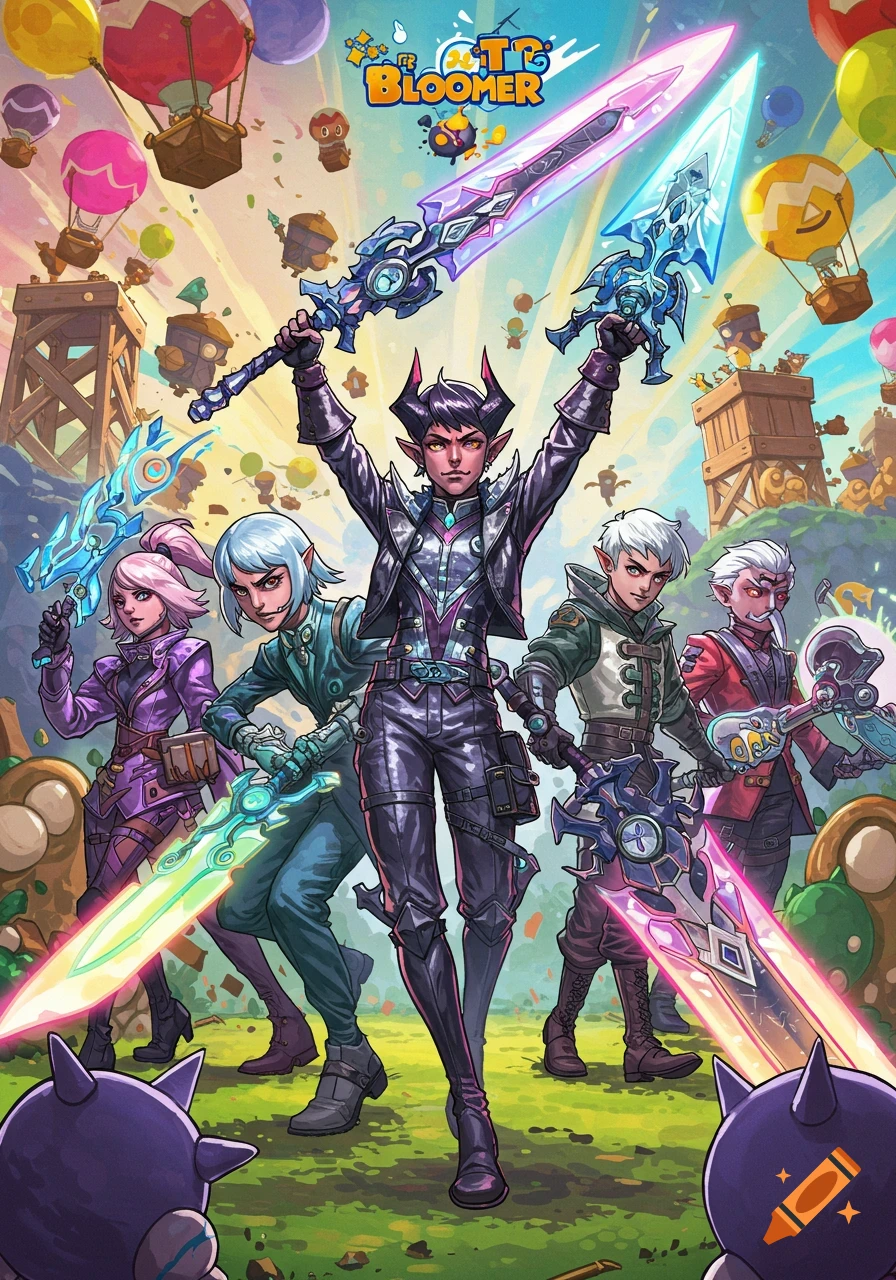Five stylized demon hunter characters with glowing swords, in a vibrant fantasy world with hot air balloons and small creatures.