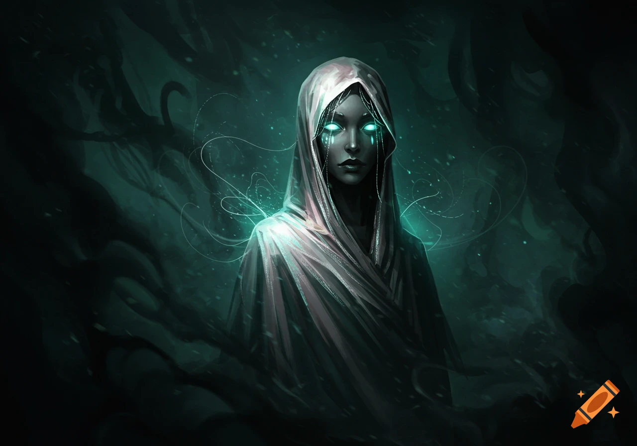 A mysterious cloaked figure with glowing blue eyes and a pale face emerges from dark green mist, digital art.