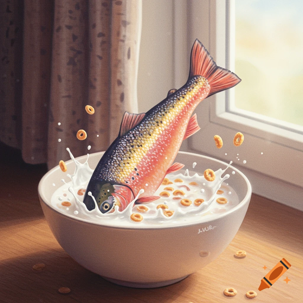 A colorful rainbow trout splashes out of a bowl of milk and O-shaped cereal on a wooden table, next to a window.