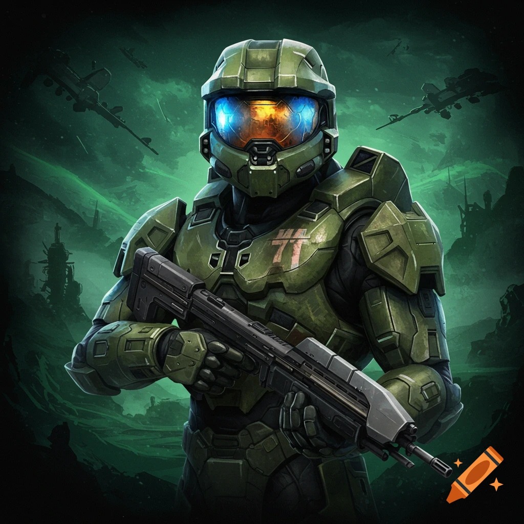 Master Chief, a green armored sci-fi soldier, holds a rifle against a dark, green-hued futuristic landscape with flying vehicles.