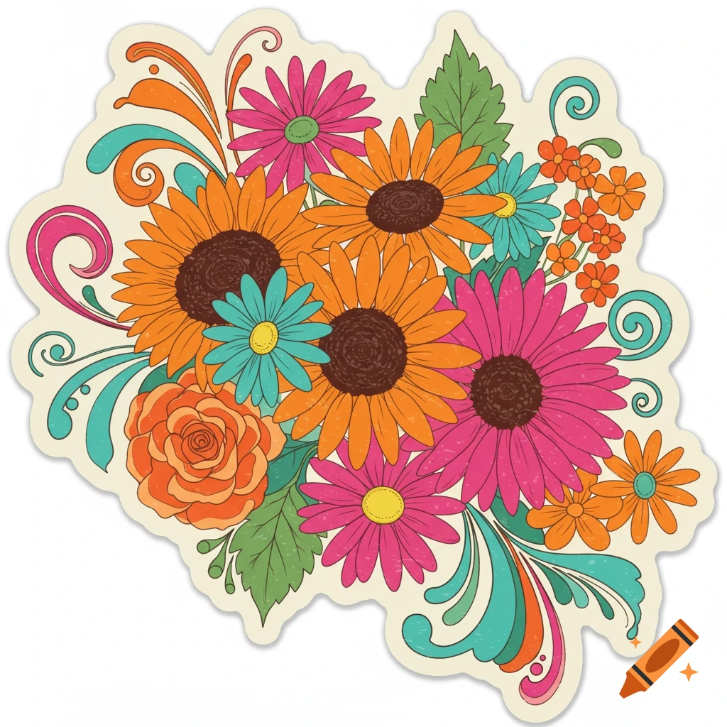 A vibrant retro-style illustration of a bouquet of orange sunflowers, pink daisies, a rose, and turquoise accent flowers with decorative swirls.