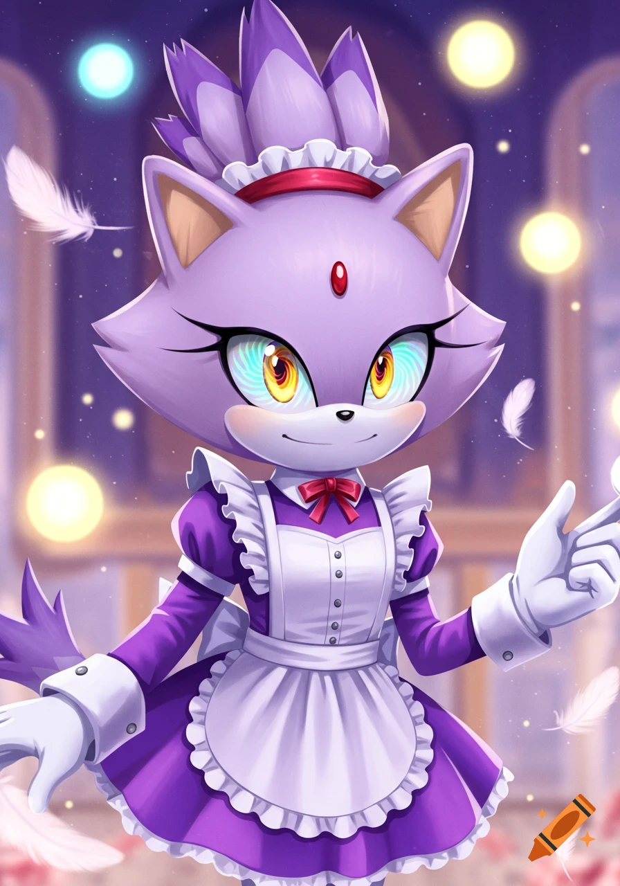 Purple cat-like character Blaze in a maid outfit with spiral eyes, surrounded by floating feathers and lights, digital art.