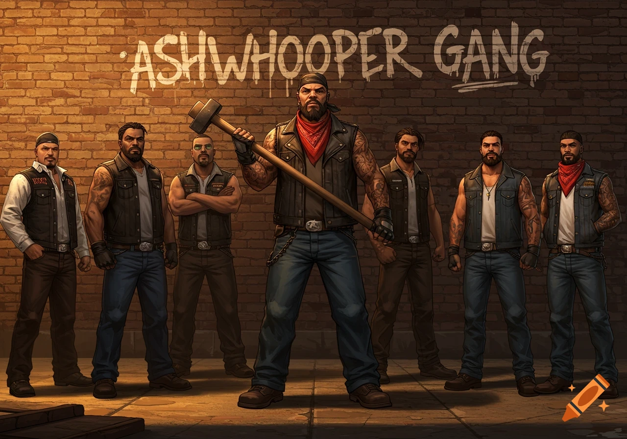 A group of seven muscular men, appearing as a gang, stand in front of a brick wall with "ASHWHOOPER GANG" graffitied on it. The central figure holds a large hammer.