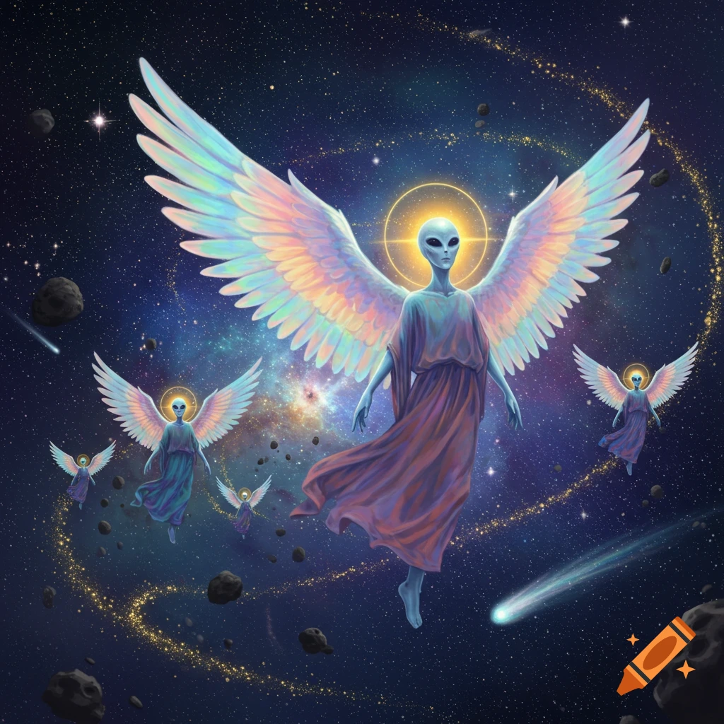 Angel-like aliens with halos and iridescent wings float through a vibrant starry space filled with meteors.