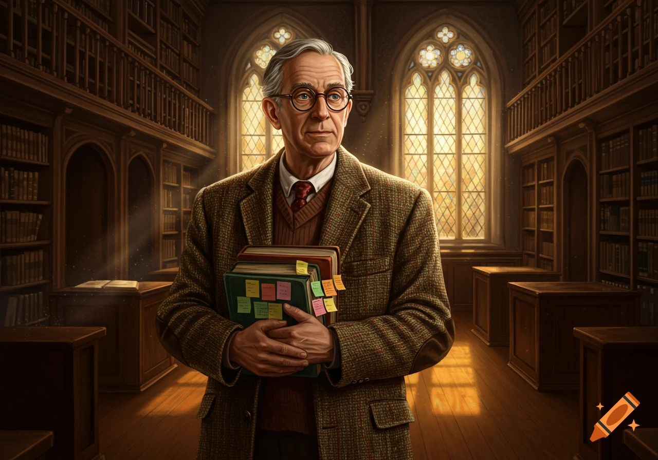 A photorealistic depiction of a gray-haired university professor in a tweed jacket holding books, standing in a grand library.