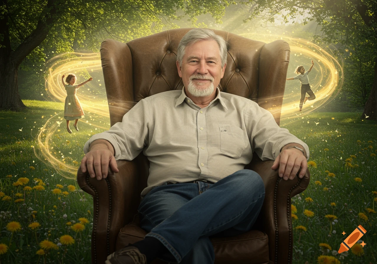 An older man sits in a brown leather armchair outdoors in a sunlit green field with dandelions, while two glowing ethereal young figures dance around him.