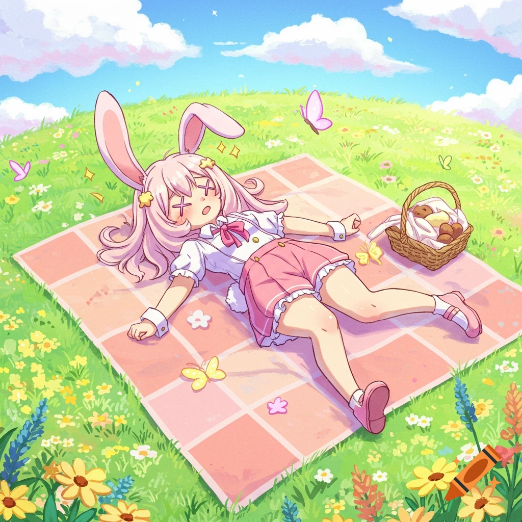 Comical anime bunny girl with X eyes passed out on a pink picnic blanket in a vibrant grassy field with flowers and butterflies.