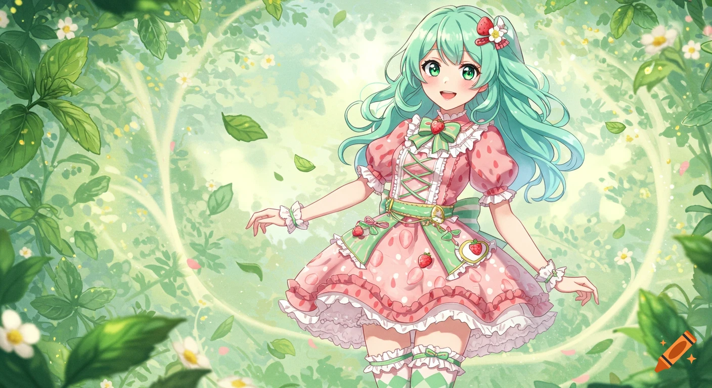An anime girl with mint green hair and a pink strawberry-themed dress stands in a vibrant green forest, surrounded by leaves and small flowers.