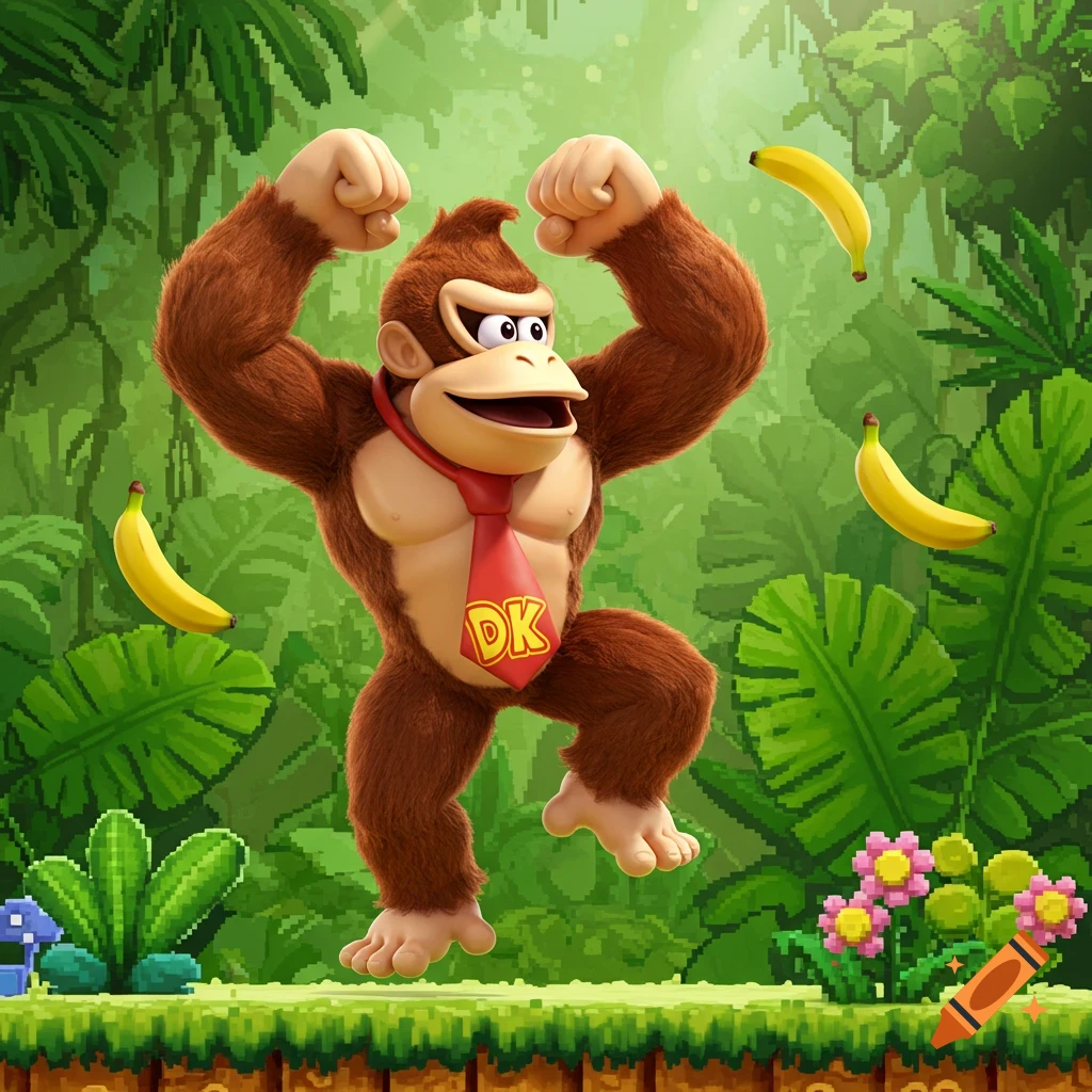 Donkey Kong flexes his arms in a jungle with a pixel art background and floating bananas.