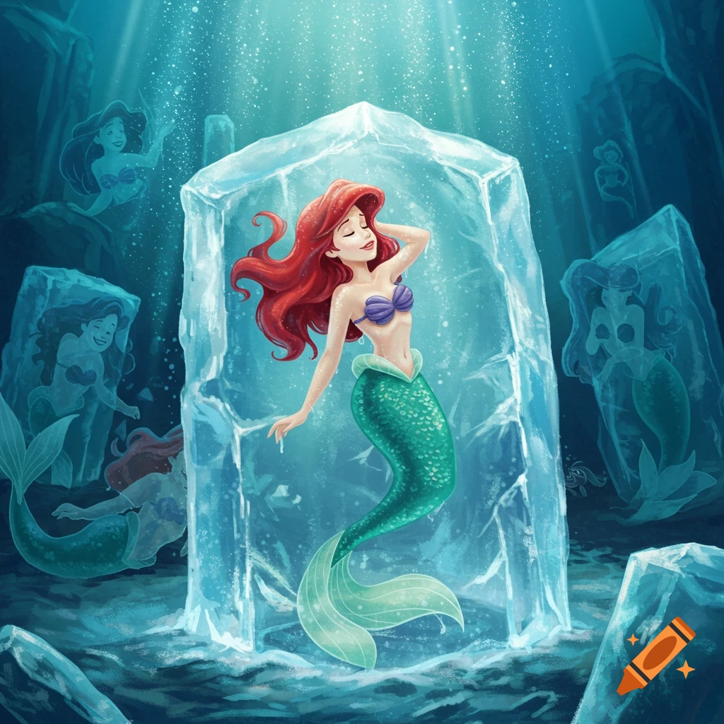 Ariel from The Little Mermaid frozen in a large block of ice underwater, surrounded by other mermaids also frozen in ice blocks.