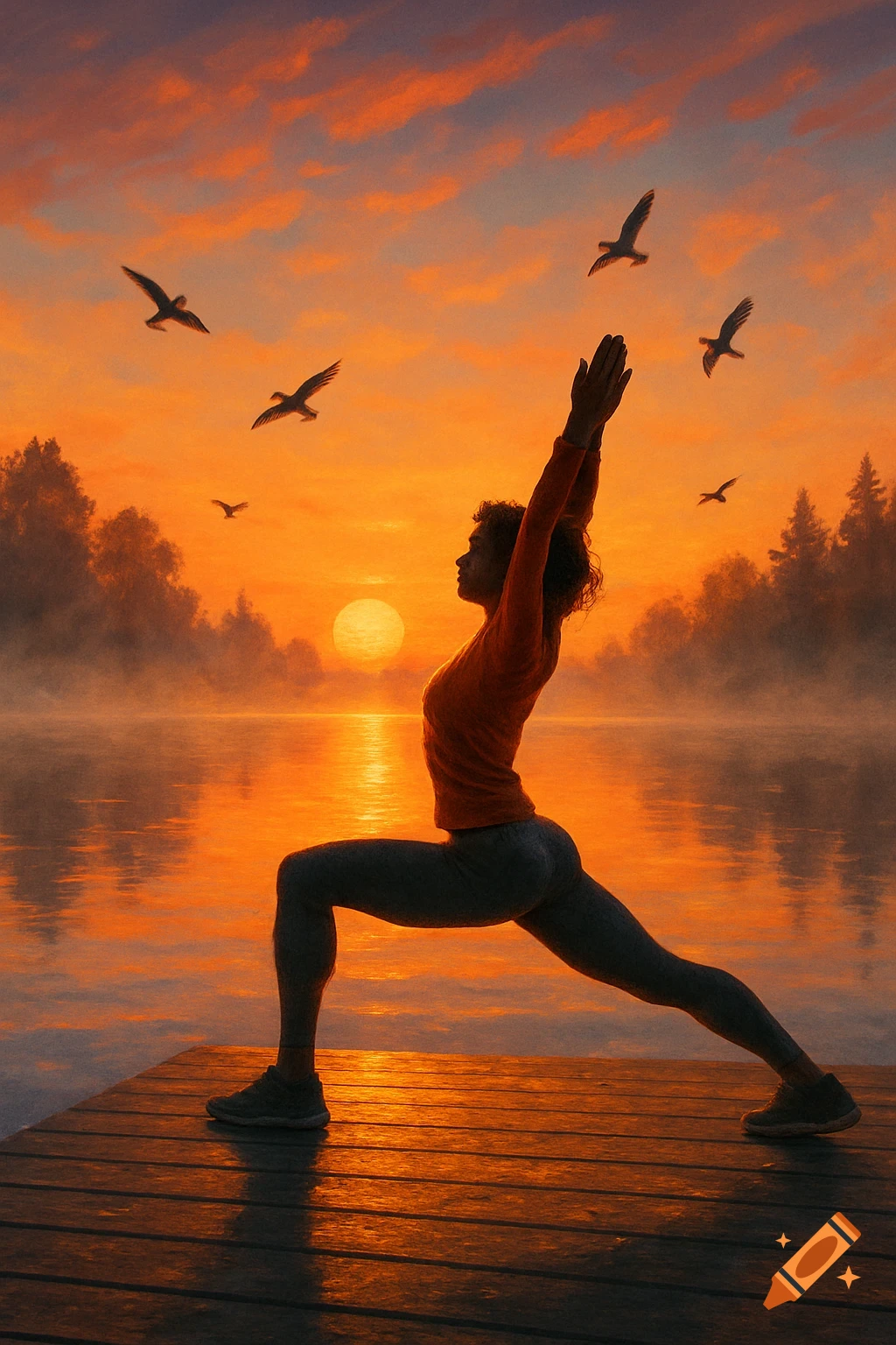 Silhouette of a woman performing a yoga pose on a wooden dock at sunrise over a lake with birds flying.