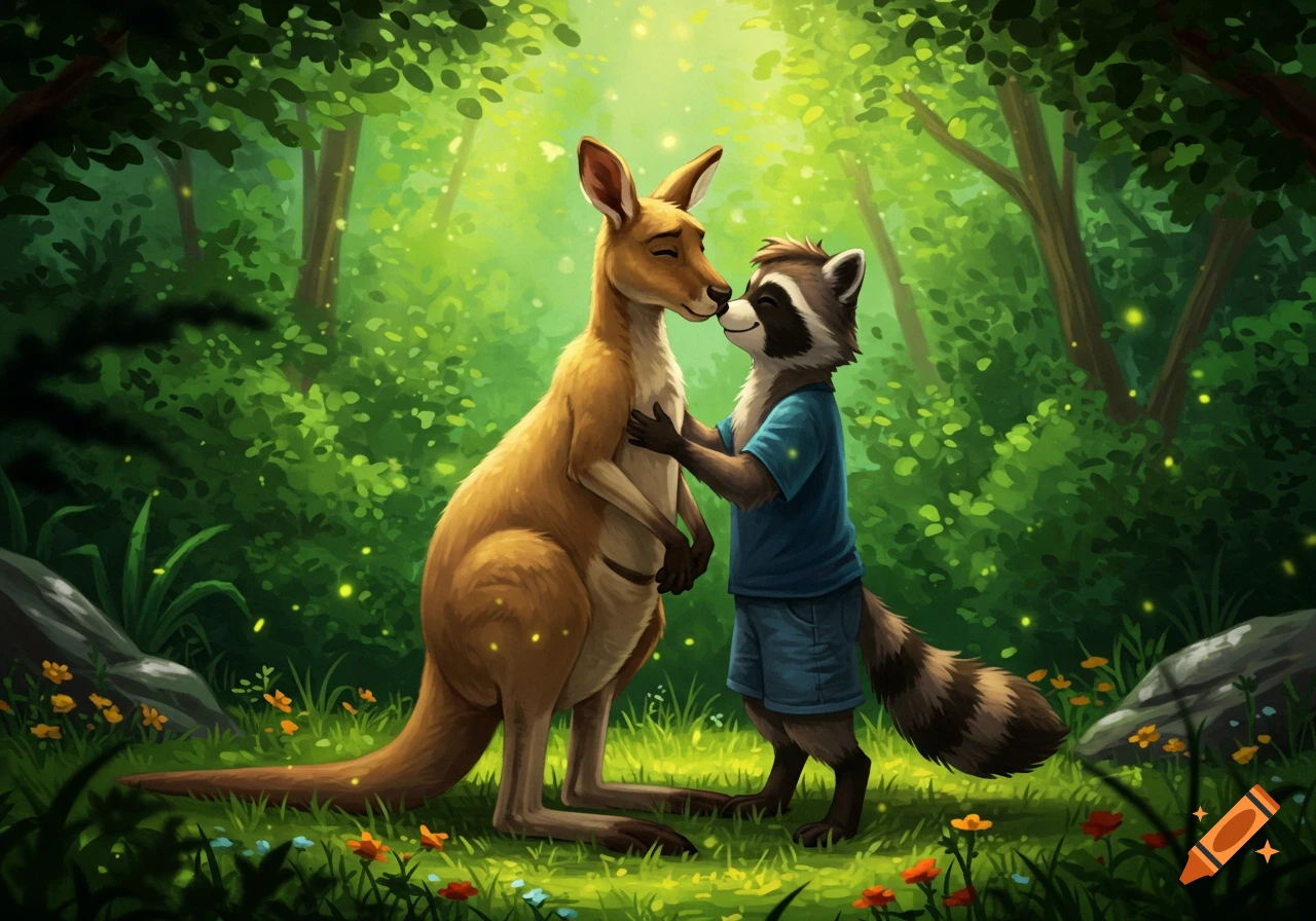 An anthropomorphic kangaroo and raccoon kiss in a whimsical forest with glowing light particles.