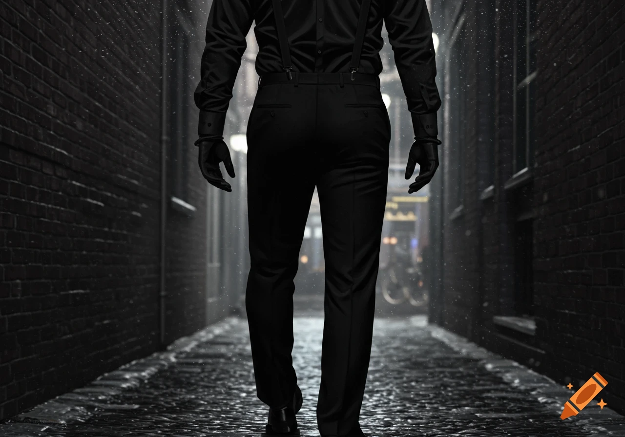 A man in a black shirt, black pants, and suspenders walks away down a dark, rainy cobblestone alley.