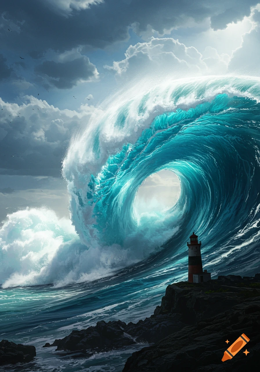 A massive, towering blue-green wave curls over a rocky coastline with a red and white lighthouse.