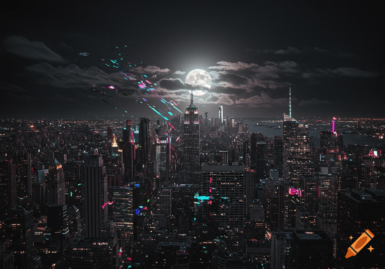A sprawling dark city skyline at night under a large full moon, with neon and glitching lights illuminating buildings.