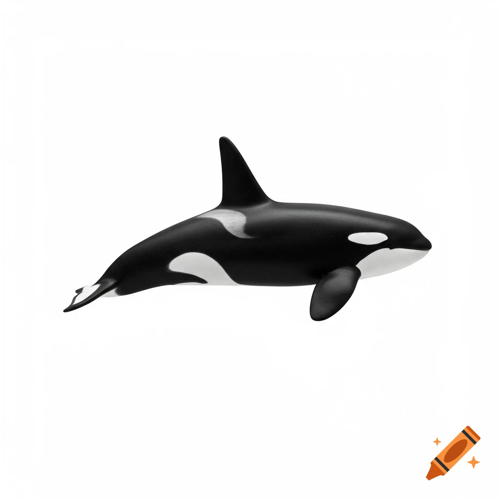 A photorealistic black and white orca swimming against a clean white background.