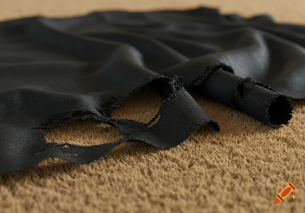 A close-up view of ripped black fabric resting on a beige textured carpet.