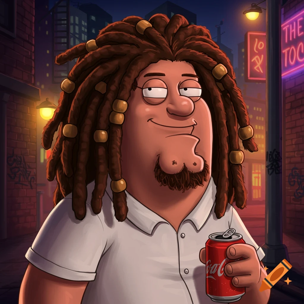 A cartoon character resembling Peter Griffin with dreadlocks and a goatee smiles while holding a red soda can on a city street at night.
