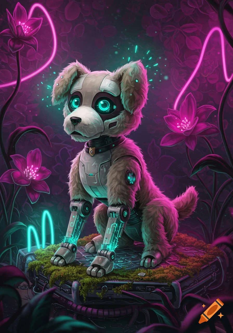 A cute robot dog with glowing eyes and mechanical limbs sits among glowing pink flowers and neon lights in a dark, whimsical setting.