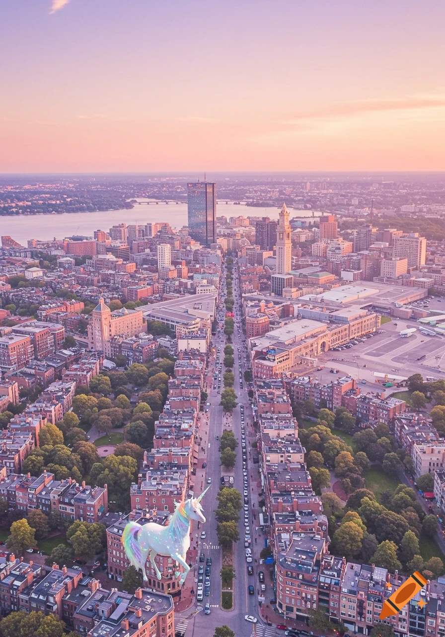 Aerial view of a pastel-colored city with a large sparkling unicorn floating above a street.