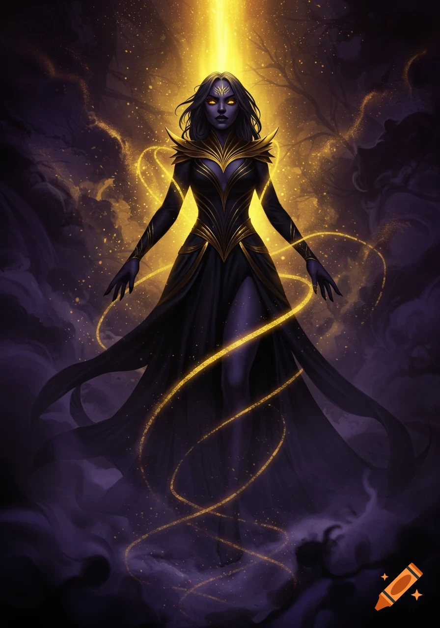 Digital art of a powerful dark feminine figure in a black and gold gown, standing in purple mist with glowing eyes and golden light.